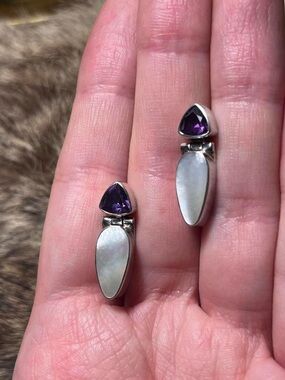 Sterling silver elegant Acleoni mother of pearl and amethyst earrings
